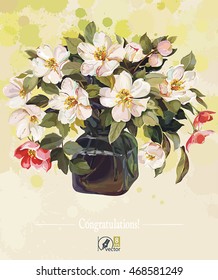 Vintage watercolor floral vector wedding card. Beautiful spring blossoming apple tree and cherry with leaves in a vase of glass, illustration with flowers, eps8