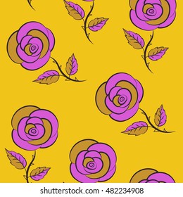 Vintage watercolor floral vector wedding invitation with abstract English roses, botanical natural brown, yellow and violet rose seamless pattern.