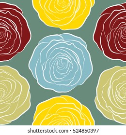 Vintage watercolor floral vector wedding invitation with abstract English roses, botanical natural red, yellow and neutral rose seamless pattern.