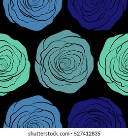 Vintage watercolor floral vector wedding invitation with abstract English roses, botanical natural green and blue rose seamless pattern.