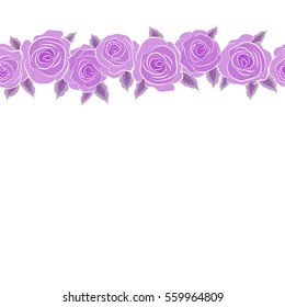Vintage watercolor floral vector wedding invitation with abstract horizontal English roses and copy space (place for your text), botanical natural purple and violet rose seamless pattern.