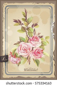 Vintage watercolor frame with blooming pink English Roses. Retro greeting card with bouquet of flowers can be used as invitation card for wedding. Floral template for congratulation design