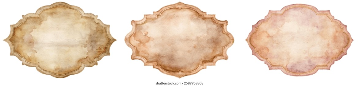 Vintage watercolor frames, elegant design, soft color palette, artistic embellishments, perfect for invitations, decorative purposes.