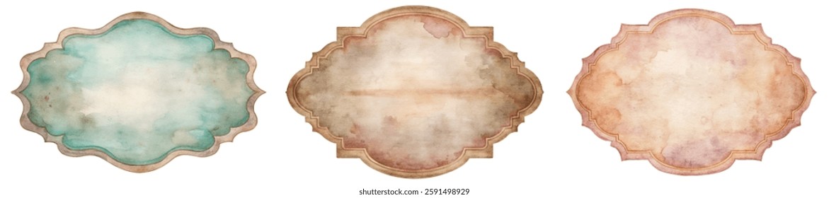 Vintage watercolor frames, soft pastel colors, elegant design, versatile for invitations, decorative elements, artistic backgrounds.