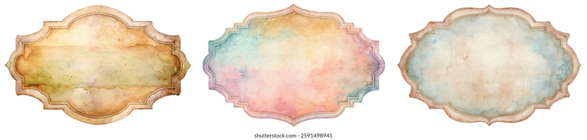 Vintage watercolor frames, soft pastel colors, elegant shapes, artistic design, versatile backgrounds, creative projects.