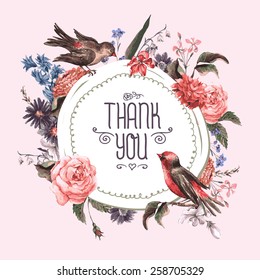 Vintage Watercolor Greeting Card with Blooming Flowers and Birds. Thank You with Place for Your Text. Roses, Wildflowers, Vector Illustration