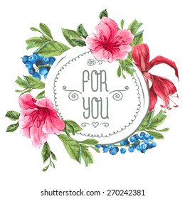 Vintage Watercolor Greeting Card with Blooming Exotic Flowers, Blueberries and Pink Tropical Flowers. Love You with Place for Your Text. Vector Illustration