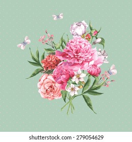 Vintage Watercolor Greeting Card with Blooming Flowers and Butterflies. Roses, Wildflowers and Peonies, Vector Illustration on a Turquoise Background