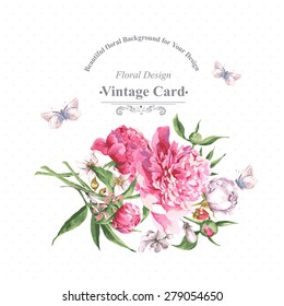 Vintage Watercolor Greeting Card with Blooming Flowers and Butterflies. Roses, Wildflowers and Peonies, Vector Illustration on a White Background