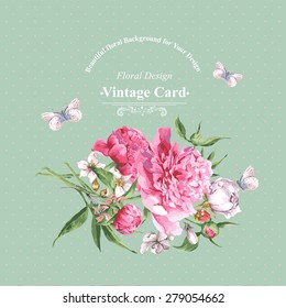 Vintage Watercolor Greeting Card with Blooming Flowers and Butterflies. Roses, Wildflowers and Peonies, Vector Illustration on a Turquoise Background