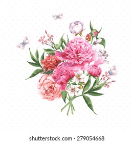 Vintage Watercolor Greeting Card with Blooming Flowers and Butterflies. Roses, Wildflowers and Peonies, Vector Illustration on a White Background