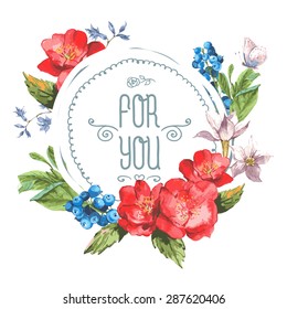 Vintage Watercolor Greeting Card with Blooming Flowers. Roses and Blueberries, Vector Illustration on a White Background