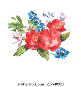 Vintage Watercolor Greeting Card with Blooming Flowers. Roses and Blueberries, Vector Illustration on a White Background
