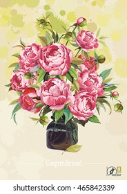 Vintage Watercolor Greeting Card with Blooming Roses and Peonies, eps8