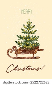 Vintage watercolor greeting card Merry Christmas message, sled carrying a decorated Christmas tree surrounded by snowflakes