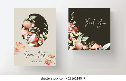 vintage watercolor hand drawn botanical apple and floral invitation card