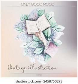 Vintage watercolor illustration, A vintage girl holding an open book surrounded by flowers