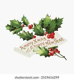 Vintage aquarela ilustração de saudações de Natal holly e Feliz. Folhas de Natal e frutos de baga aquarela. Saídas de Natal, saudações de férias de inverno. Cartão comemorativo de Natal Vintage 