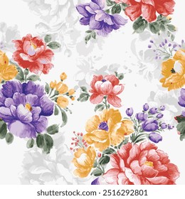 vintage watercolor peonies bouquet pattern on abstract background. botanical flowers vector illustration. repeated bouqet pattern design, used for wallpaper, fabric, fashion print, allover.