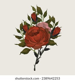 Illustration Rose à l'aquarelle vintage. Roses et rosseaux décoratifs peints en orange brûlé, avec feuilles vertes au ton chaud