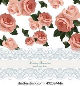 Vintage Watercolor Roses flowers Card with lace border. Vector Retro delicate card crochet lace. Rose quartz flowers and serenity 