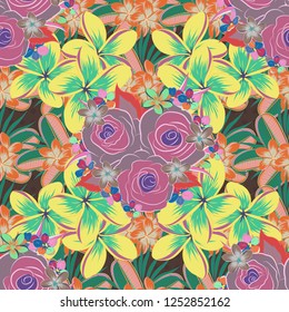 Vintage watercolor roses. Hand drawn vector seamless pattern in green, pink and yellow colors.