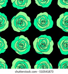 Vintage Watercolor Roses (hand drawn). Vector seamless pattern of abstract green roses.