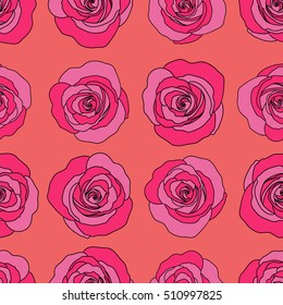 Vintage Watercolor Roses (hand drawn). Vector seamless pattern of abstract magenta and pink roses.