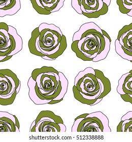 Vintage Watercolor Roses (hand drawn). Vector seamless pattern of abstract green and pink roses.