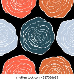 Vintage watercolor roses. Hand drawn vector seamless pattern in orange, gray and blue colors.