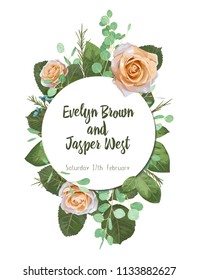 Vintage Watercolor Round Frame with Blooming English Roses wax flowers, eucalyptus branches, leaves. For You with Place for Your Text. Vector Illustration
