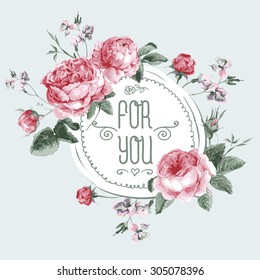 Vintage Watercolor Round Frame with Blooming English Roses. For You with Place for Your Text. Vector Illustration