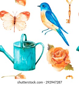Vintage watercolor seamless pattern. Collection for your design. Romantic set of hand drawn elements:bird, rose flower, watering can, butterfly, key.