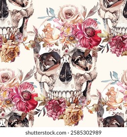 Vintage watercolor style skulls adorned with delicate pink and blue flowers vector seamless pattern.  The skulls suitable for wallpapers, textiles, or creative projects, Day of the Dead design.