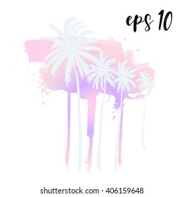 Vintage watercolor summer print with palm trees, watercolor background and lettering. Tropical vector set, fashion print, T-shirt design. 