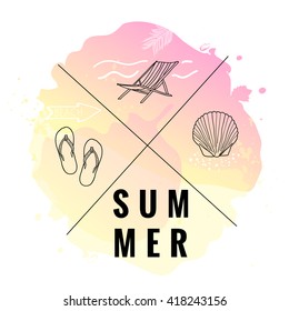 Vintage watercolor summer set. Print with typography design Summer and seashell, beach bed, flip flop icons. Tropical vector set, fashion print, T-shirt design. 