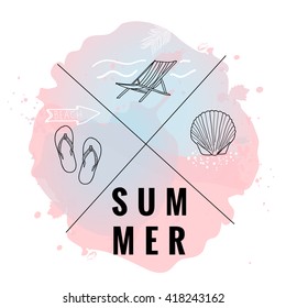 Vintage watercolor summer set. Print with typography design Summer and seashell, beach bed, flip flop icons. Tropical vector set, fashion print, T-shirt design. 