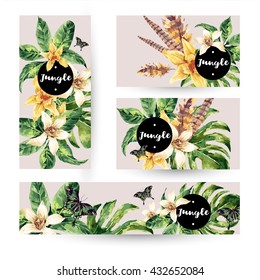 Vintage watercolor summer set with tropical green leaves and exotic flowers, butterflies, feathers in bohemian style. Nature invitation. Botany. Collection natural vector decorative design elements.