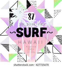Vintage watercolor summer surf print with typography design, palm trees, waves and lettering Surf Hawaii. Tropical vector set, fashion print, T-shirt design. Abstract hand drawn background.