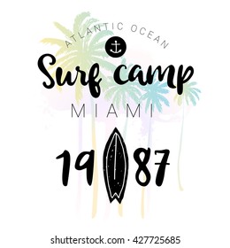 Vintage watercolor summer surf print with typography design, palm trees, surfboard and lettering Surf Camp 1987. Tropical vector set, fashion print, T-shirt design.