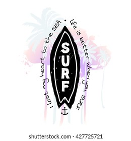Vintage watercolor summer surf print with typography design, palm trees, surfboard and lettering Surf Club Miami. Tropical vector set, fashion print, T-shirt design.