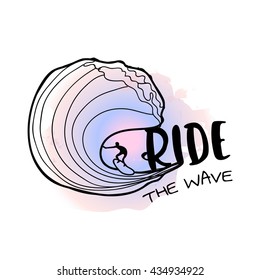 Vintage watercolor summer surf print with typography design Ride the wave. Tropical vector design, fashion print, T-shirt design.