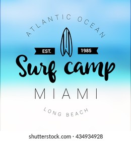 Vintage watercolor summer surf print with typography design Surf camp and lettering Miami, Long Beach, Atlantic Ocean. Tropical vector design, fashion print, T-shirt design.