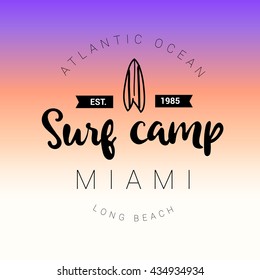 Vintage watercolor summer surf print with typography Surf camp, surfboard. Miami beach, Florida. Miami, Long beach, Atlantic ocean. Tropical vector design, fashion print, T-shirt design.