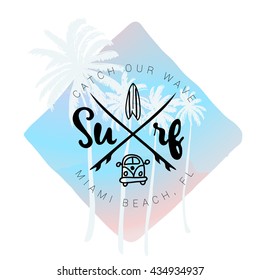 Vintage watercolor summer surf print with typography Surf, surfboard and lettering Miami beach, Florida. Catch your wave. Tropical vector design, fashion print, T-shirt design.