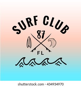 Vintage watercolor summer surf print with typography Surf Club, surfboard, waves. Tropical vector design, fashion print, T-shirt design.