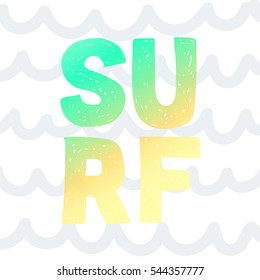Vintage watercolor summer surf print with typography design, palm trees and lettering Surf. Tropical vector set, fashion print, T-shirt design.