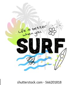 Vintage watercolor summer surf print with typography design, palm trees, surfboard and lettering. Tropical vector set, fashion print, T-shirt design.