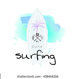 Vintage watercolor surf print with typography design Gone Surfing, palm tree and blurry background. Tropical vector design, fashion print, T-shirt design.