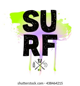 Vintage watercolor surf print with typography design Surf and palm trees at sunset on background. Tropical vector design, fashion print, T-shirt design.